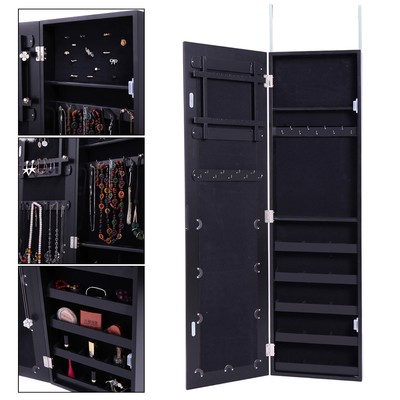 Over The Door Mirror Jewelry Cabinet Armoire Organizer Storage Box Ring Black
