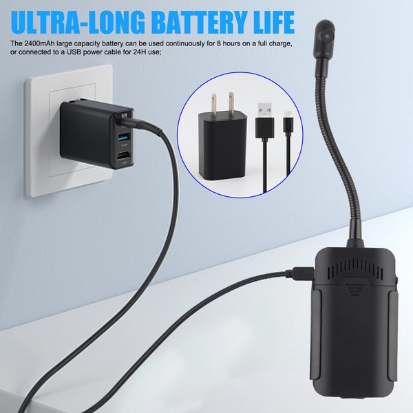 Portable battery with USB cable and long-life feature.