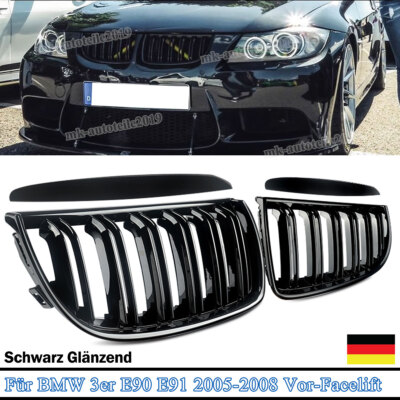 2x Für BMW E90 E91 2005-2008 Sport Kühlergrill Nieren Doppelsteg Glanz Schwarz