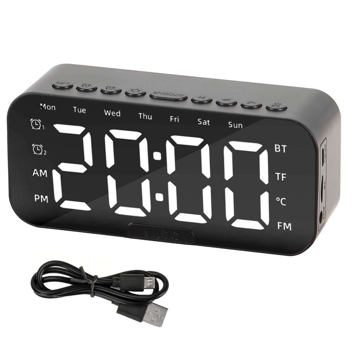Portable Digital Alarm Clock FM Radio Wireless Bluetooth Mirror LED With Speaker