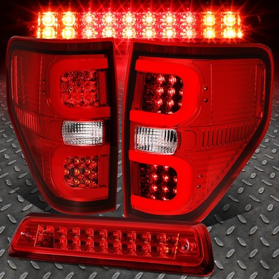 FOR 09-14 FORD F150 3D LED BAR TAIL LIGHT+DUAL-ROW THIRD BRAKE/CARGO LAMP RED