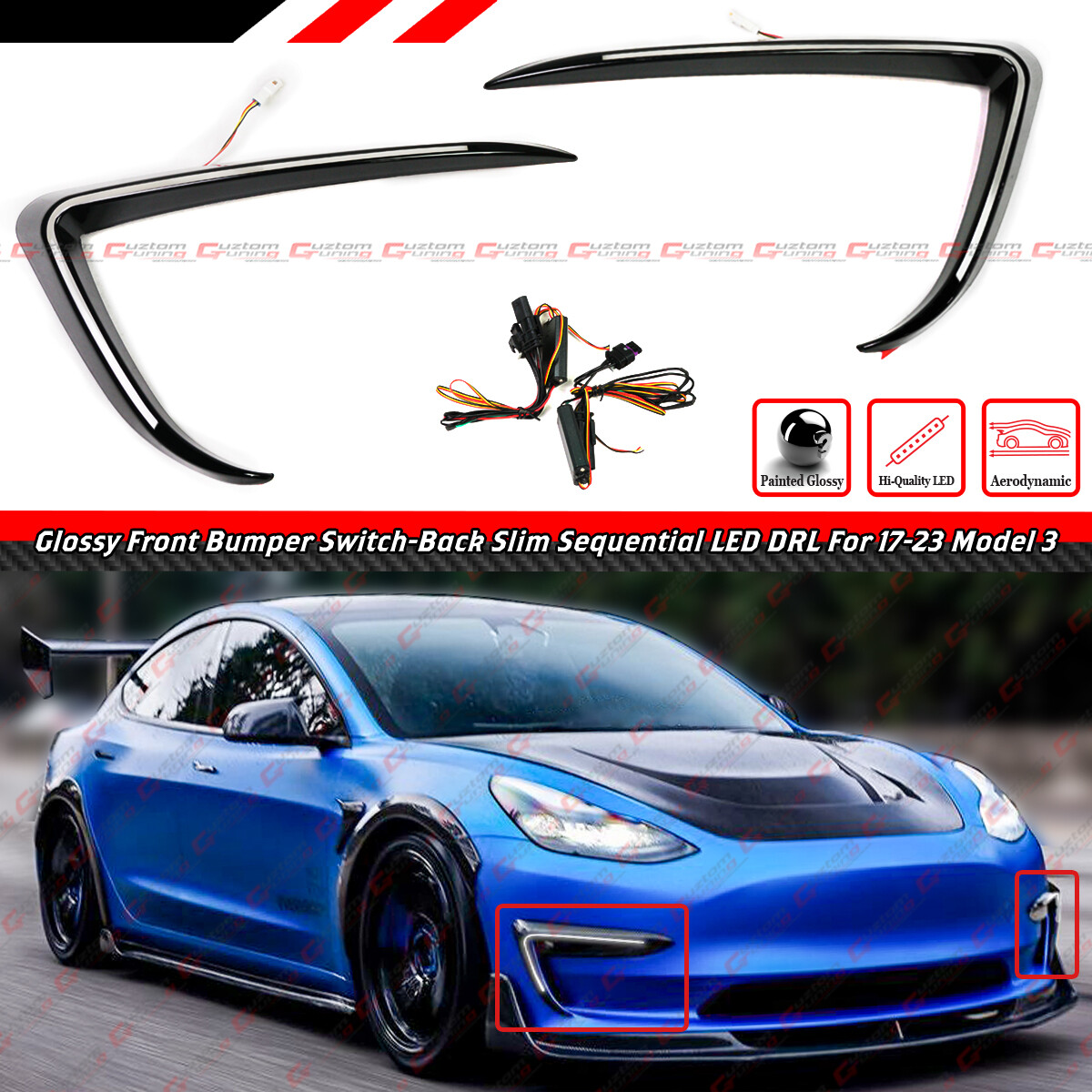 FOR 2017-23 TESLA MODEL 3 FRONT BUMPER DUAL COLOR SLIM SEQUENTIAL LED DRL LIGHT
