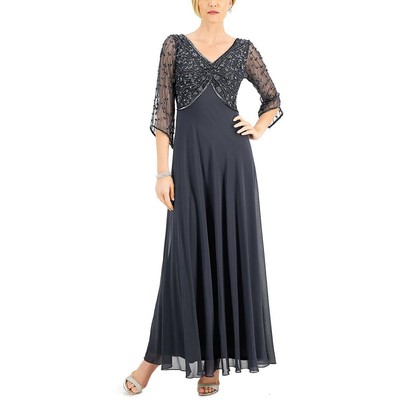 Женское серое шифоновое расшитое бисером длинное вечернее платье JKara 8 BHFO 6153