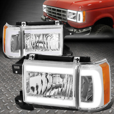[LED DRL] ДЛЯ 87-91 FORD F150 F250 F350 BRONCO ХРОМИРОВАННАЯ/ЯНТАРНАЯ УГЛОВАЯ ФАРА