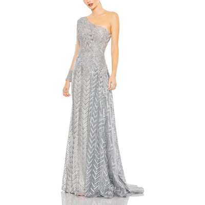 Pre-owned Mac Duggal Womens Embellished One Shoulder Evening Dress Gown Bhfo 9065 In Platinum