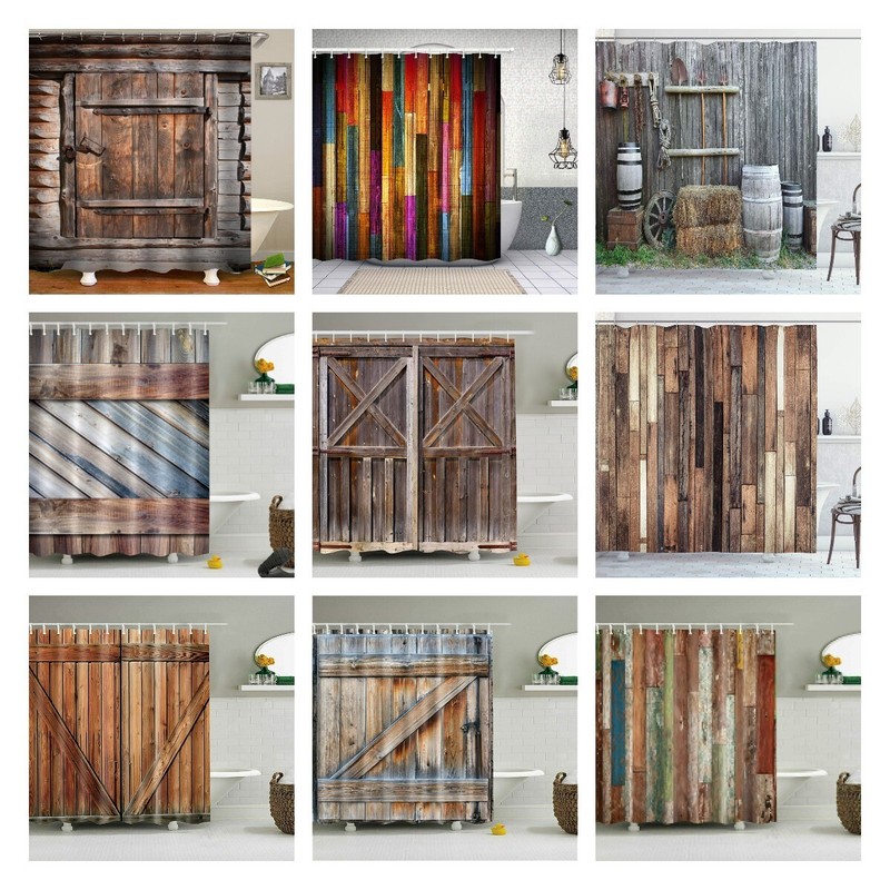 Rustic Wooden Barn Door Western Shower Curtain Bath Curtain Waterproof