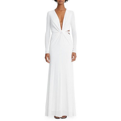 Женское вечернее платье Halston цвета слоновой кости с глубоким вырезом и украшениями 8 BHFO 7329