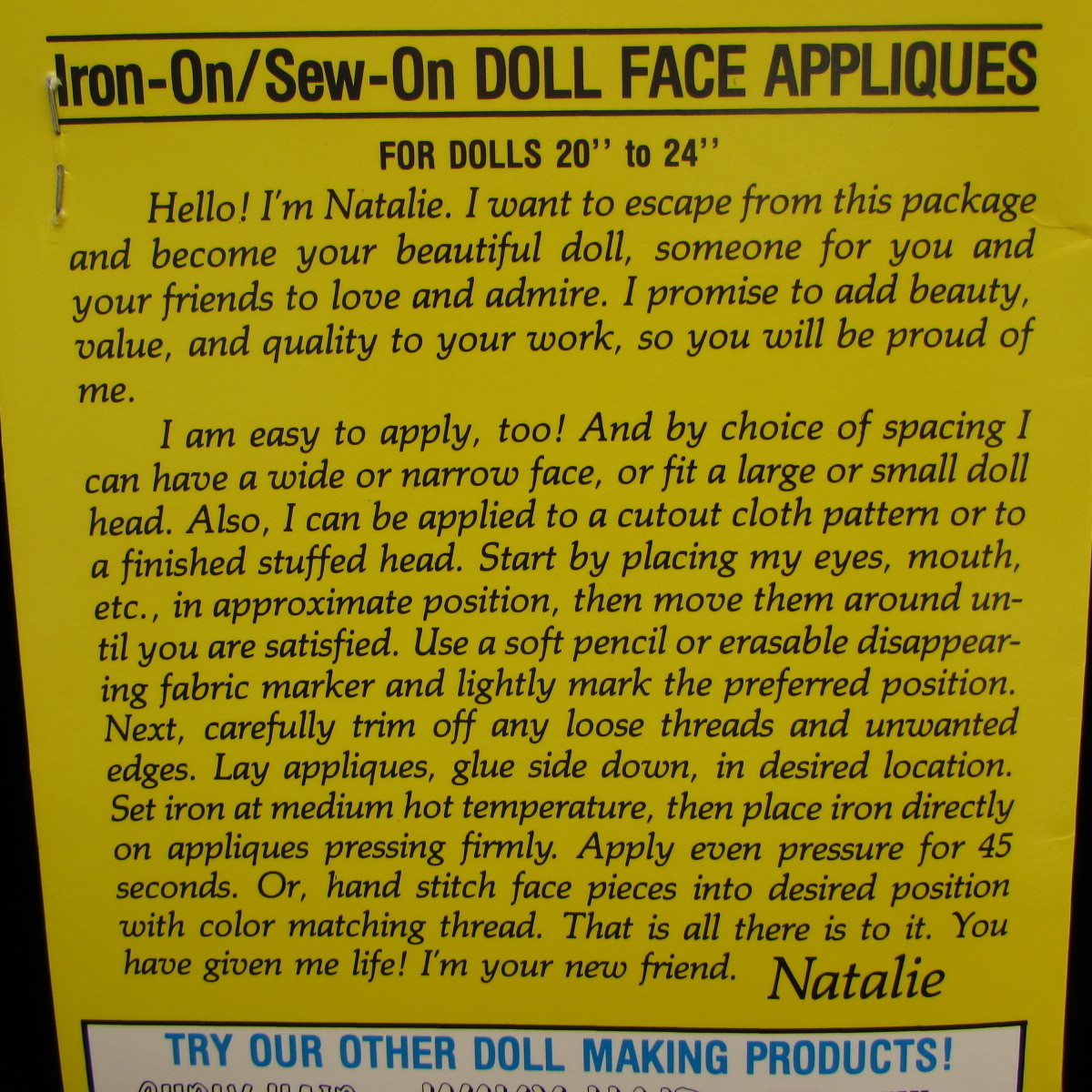 Fantastic Face Natalie Deluxe Embroidery Iron On Sew On Doll Appliques 21-100