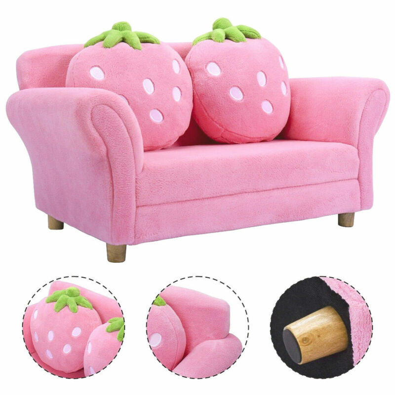 Kids Sofa Strawberry Armrest Chair Lounge Couch w/2 Pillow Children Toddler Pink