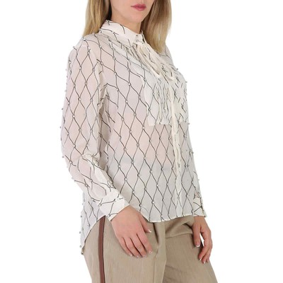 Pre-owned Burberry Net Print Crystal Detail Tie-neck Silk Shirt In White