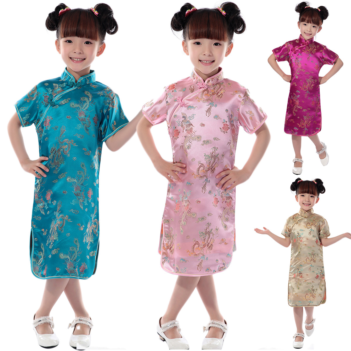 Girls Chinese Dress Qipao Cheongsam Holiday Party Costumes Dragon Phoenix