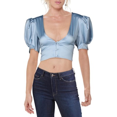 Укороченный топ-блузка Danielle Bernstein из синего атласа с пышными рукавами XS BHFO 8418