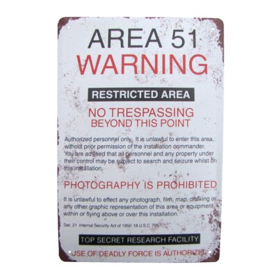 Metal Area 51 Warning No Trespassing Sign Tin Garage Man Cave Bar Pub Wall Decor