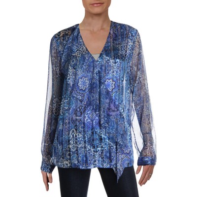 

Elie Tahari Womens Zona Синяя шелковая прозрачная блузка с v-образным вырезом  BHFO 5875, Mosaic print