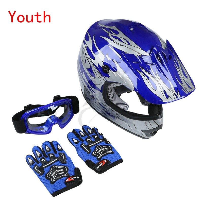 Youth Kids Blue Flame Dirt Bike ATV MX Helmet Motocross+Goggles+Gloves S/M/L/XL