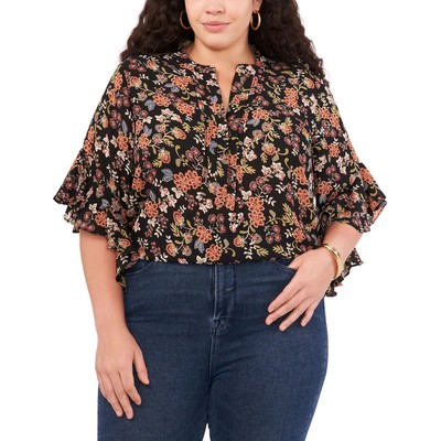 Vince Camuto Womens Black Pintuck Split Neck Top Blouse Shirt Plus 1X BHFO 7274