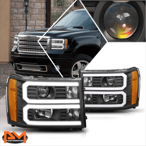 For 07-14 GMC Sierra LED DRL Bar Projector Headlight/Lamps Amber Corner Black