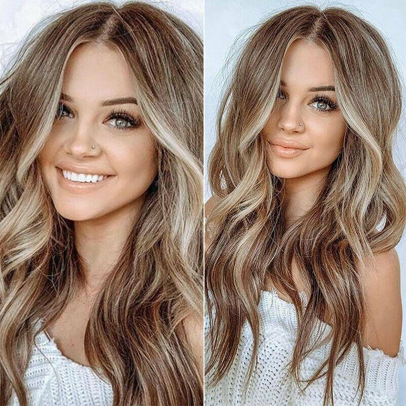 Ladies Womens Ombre Brown Long Curly Wigs Natural Wavy Hair