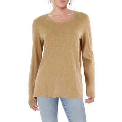 ATM Womens Tan Cotton Distressed Hem Scoop Neck Pullover Top Shirt L BHFO 8989
