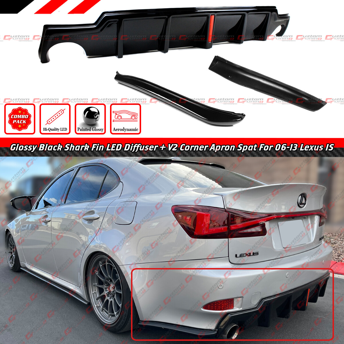 For 06-13 Lexus IS250 IS350 Gloss Blk LED Rear Bumper Diffuser + V2 Corner Spat