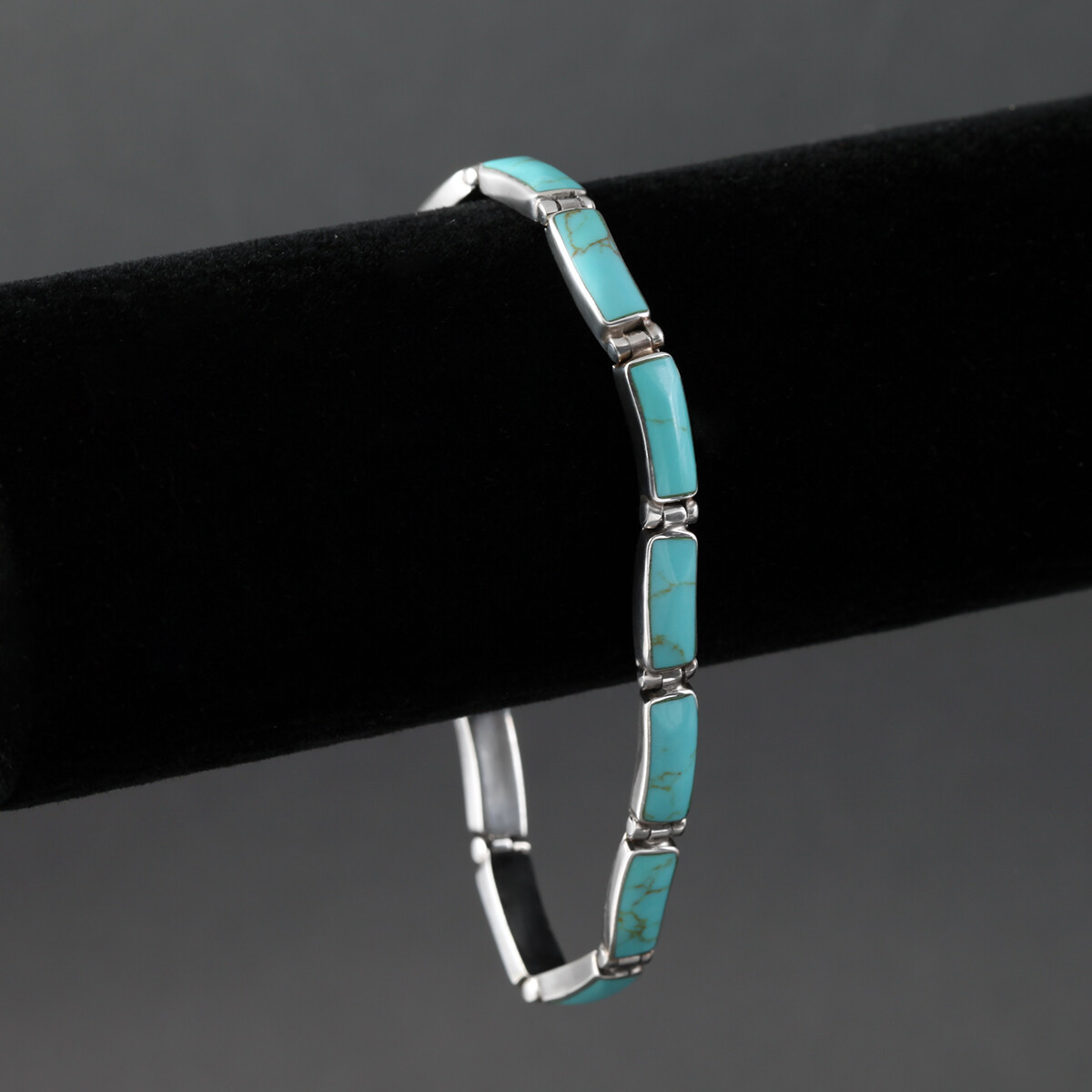 VINTAGE MEXICO LINK BRACELET MEXICAN 950 FINE STERLING SILVER TURQUOISE JEWELRY