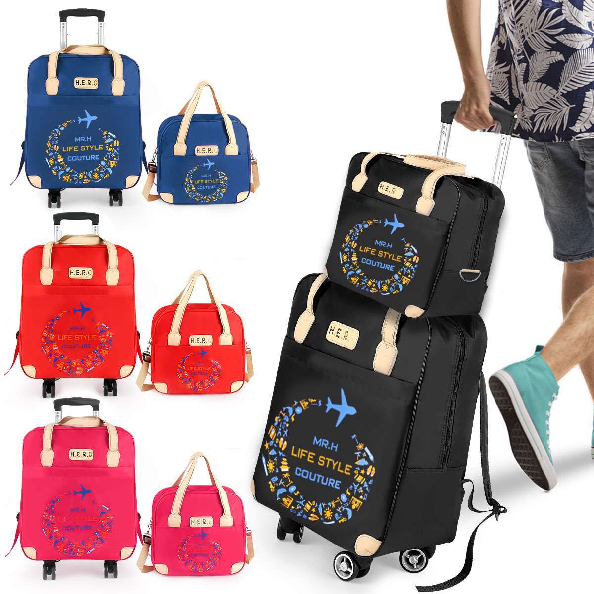 2Pcs/Set Wheeled Bag Women Men Travel Backpack Girl Wheels T