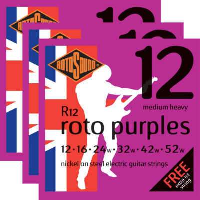 3-Pack Rotosound Roto Purples R12 Nickel on Steel Electric Guitar Strings, 12-52