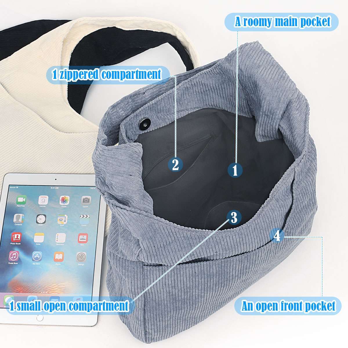 Corduroy Tote Bag for Women Large Hobo Bags Tote Bag with Zipper Casual Shoulder