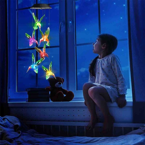 Solar Powered Color-Changing LED Hummingbird Wind Chimes Light Garden Yard Decor