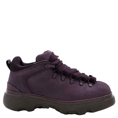 Pre-owned Burberry Men's Aubergine Lace-up Leather Trek Ankle Boots In Purple