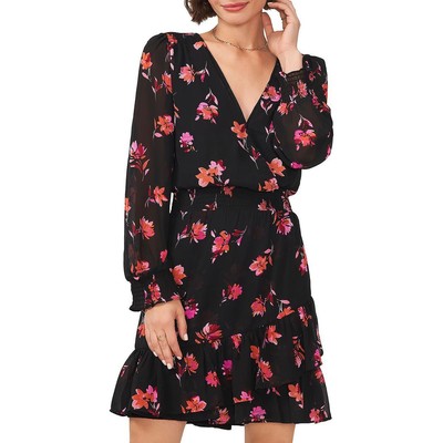 Женское черное шифоновое платье Vince Camuto с цветочным принтом, облегающее и расклешенное S BHFO 1752