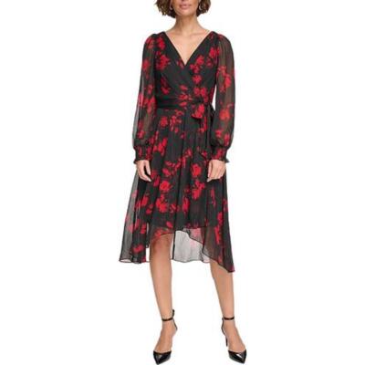 DKNY Womens Chiffon Metallic Faux-Wrap Fit & Flare Dress Petites BHFO 5690