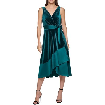 Женское летнее платье миди из зеленого бархата DKNY с запахом 14 BHFO 9935