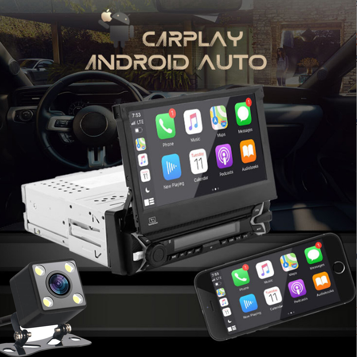 Flip Out Fm/am Mp5 Touch Screen 1din Android Carplay+ Camera