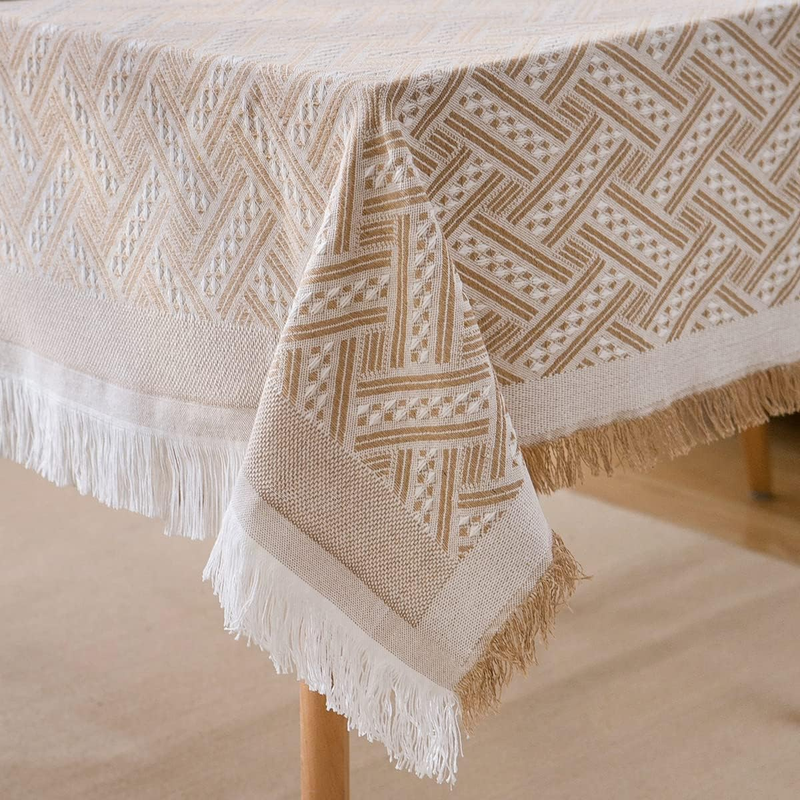Cotton Linen Tablecloth Rustic Farmhouse Burlap Table Covers with Tassel Rectang