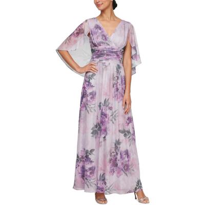 SLNY Womens Purple Floral Print Sheer Formal Evening Dress Gown 12 BHFO 8811