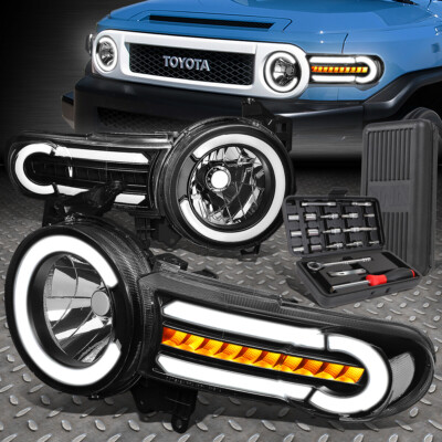 ДЛЯ 07-14 TOYOTA FJ LED DRL ЧЕРНЫЕ/ПРОЗРАЧНЫЕ ПОСЛЕДОВАТЕЛЬНЫЕ ФАРЫ ГОЛОВНОГО СВЕТА + НАБОР ИНСТРУМЕНТОВ