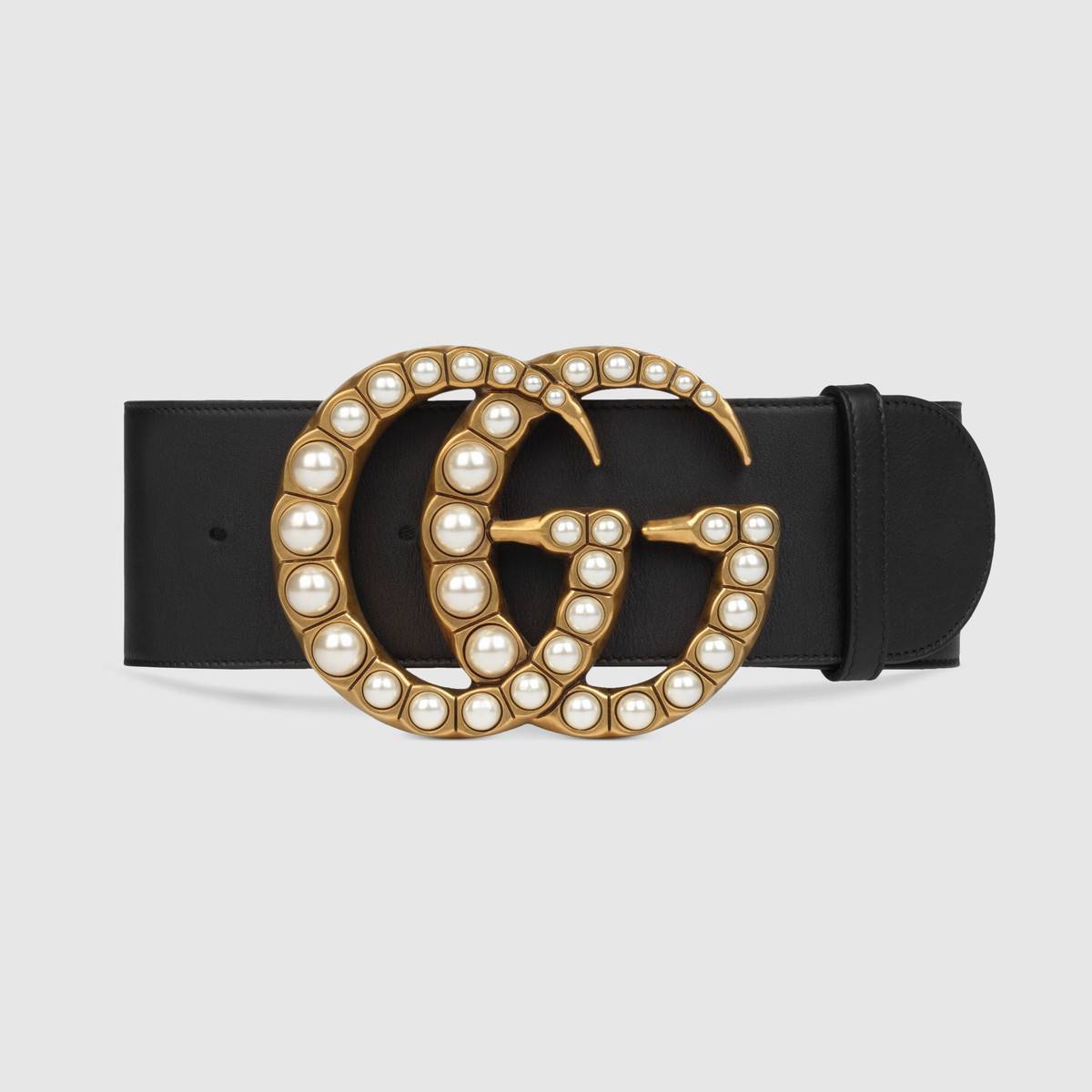 Wide Black leather belt with pearl Double G | Size 36 90 cm