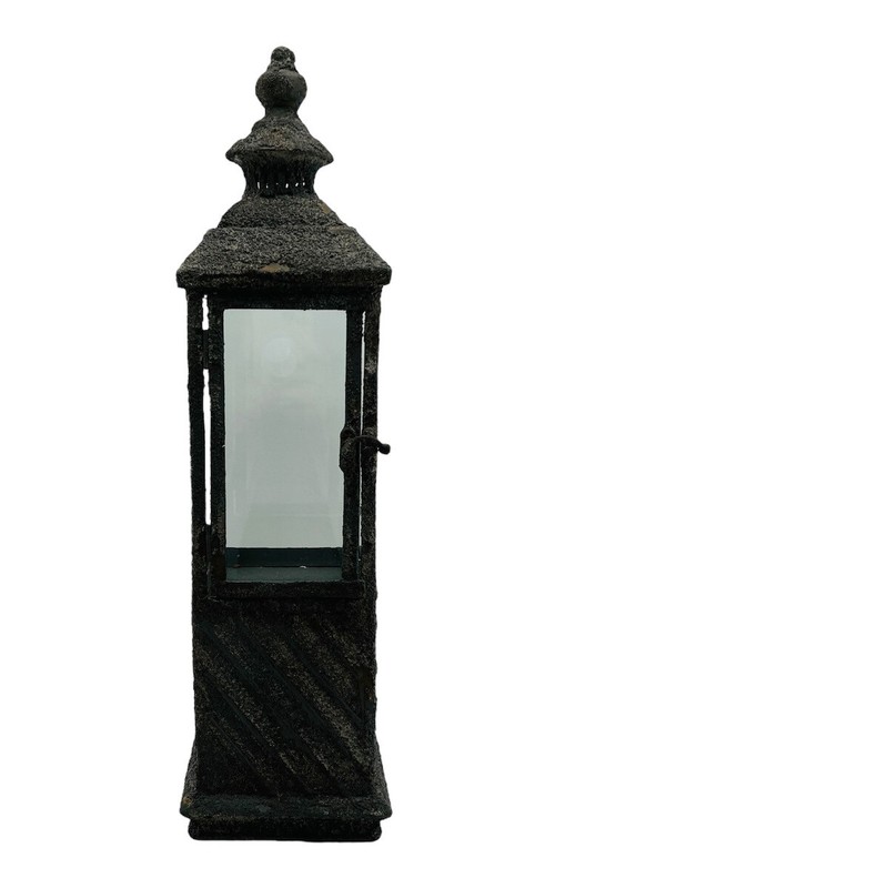 Vintage Primitive Candle Lantern Lamp Glass Panels Door Metal Concrete 22&rdquo; Tall
