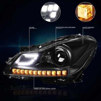For 12-15 Mercedes C-Class Projector Headlight/Lamp W/3D LED DRL Black Housing