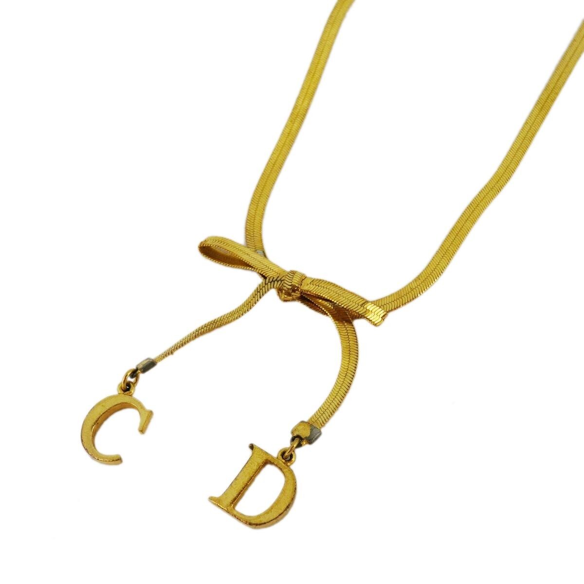 Christian Dior Vintage Ribbon CD Charm Choker Necklace Gold