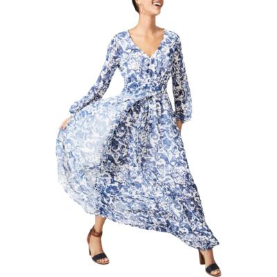 

INC Женское синее платье макси с запахом и длинными рукавами с цветочным принтом  BHFO 6427, Riverside/inc white combo