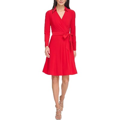 Женское офисное платье с запахом выше колена с красным воротником DKNY 14 BHFO 5905