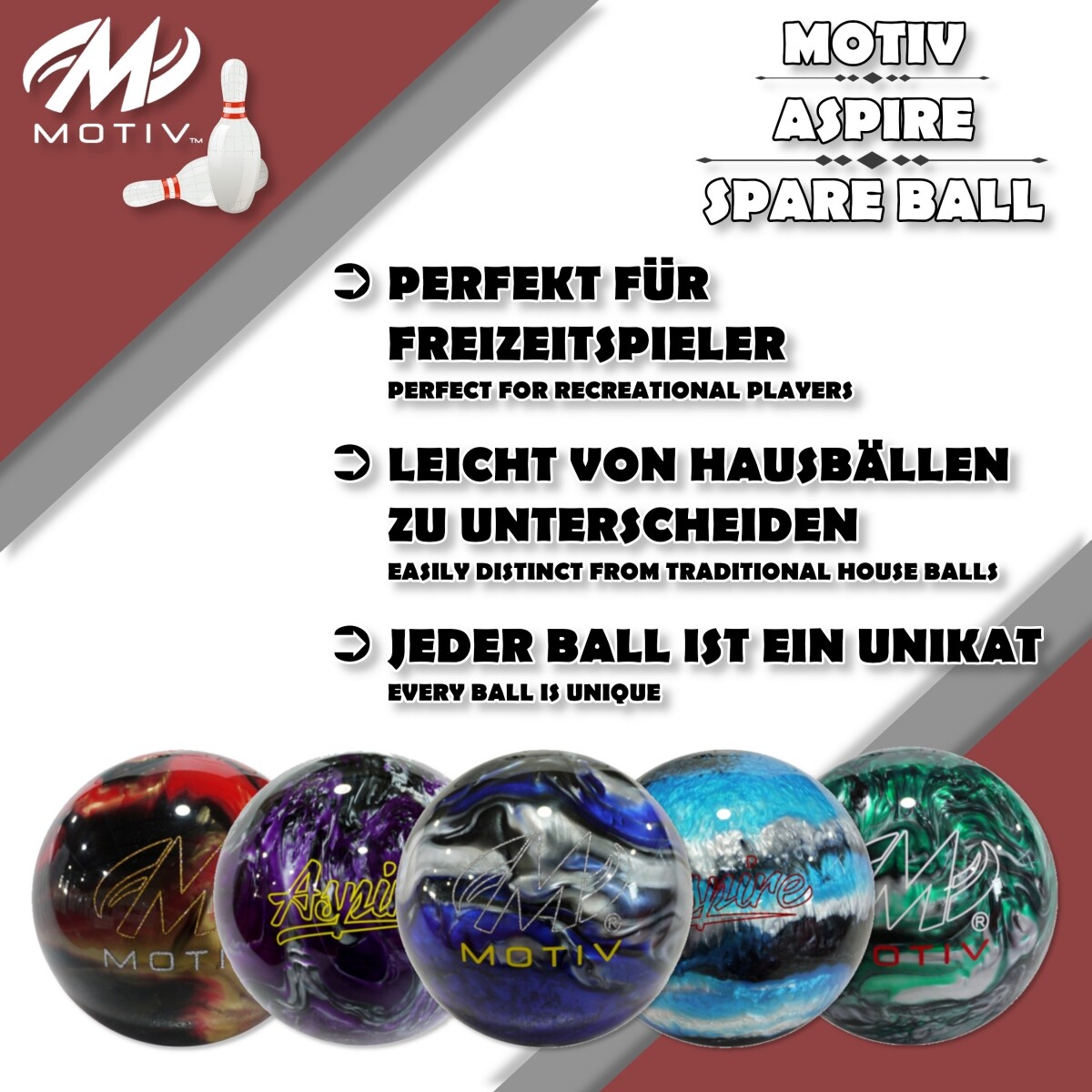 Motiv Aspire Bowling Ball - Spare Space Ball - Red/Black/Gold