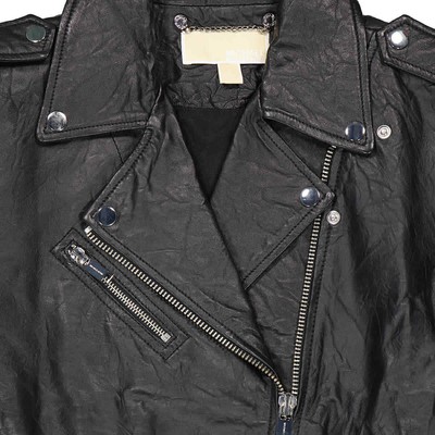 Pre-owned Michael Kors Ladies Crinkled Leather Moto Jacket In Black, Size Small