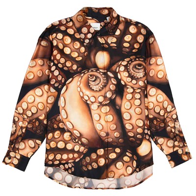 Pre-owned Burberry Silk Twill Octopus Print Long-sleeve Oversized Shirt In Multicolor