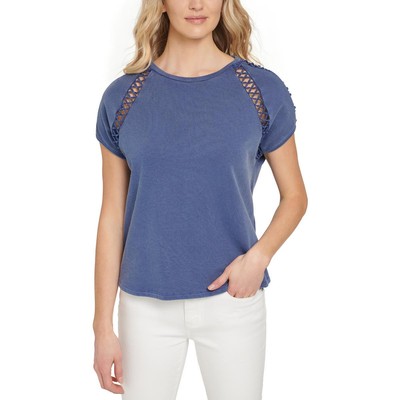 

DKNY Jeans Женская синяя блузка с круглым вырезом и лесенкой  BHFO 1649, Petrol