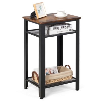 3-Tier Industrial Tall Nightstand Side End Telephone Table w/ Mesh Shelves