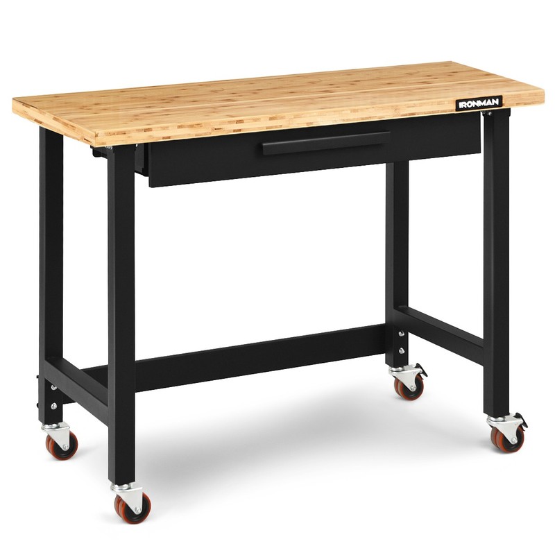 48 Inch Mobile Workbench Bamboo Top Modern w/Rubber Wheels and