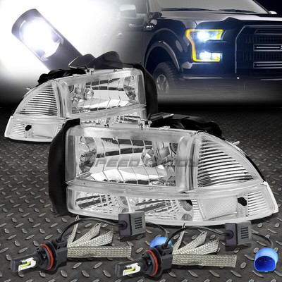 Хромированный корпус Фары + Прозрачный угол + Белая светодиодная система 6000K для 97-04 Dakota